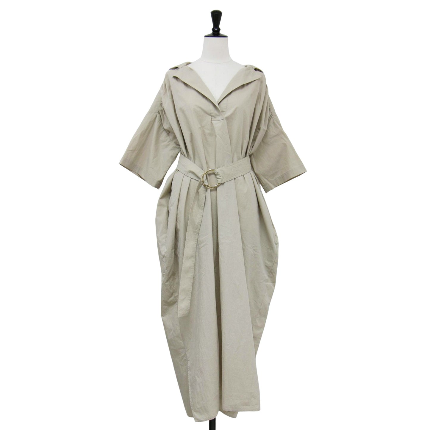 21春夏 ダンプ ロング シャツ ワンピース / 半袖 スキッパー ギャザー ベルト付き コットン