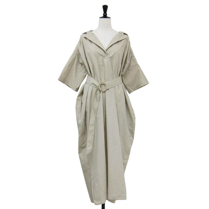 21春夏 ダンプ ロング シャツ ワンピース / 半袖 スキッパー ギャザー ベルト付き コットン