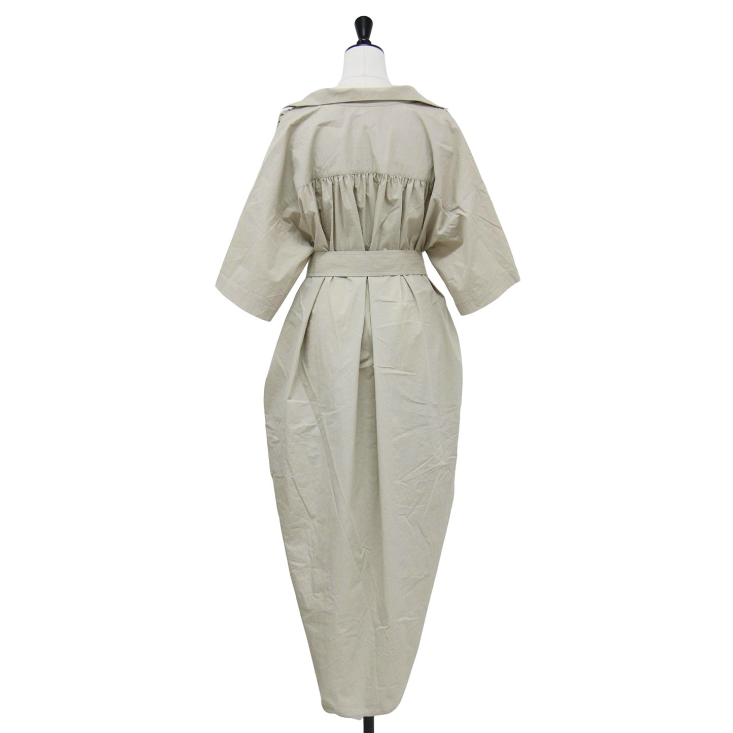 21春夏 ダンプ ロング シャツ ワンピース / 半袖 スキッパー ギャザー ベルト付き コットン