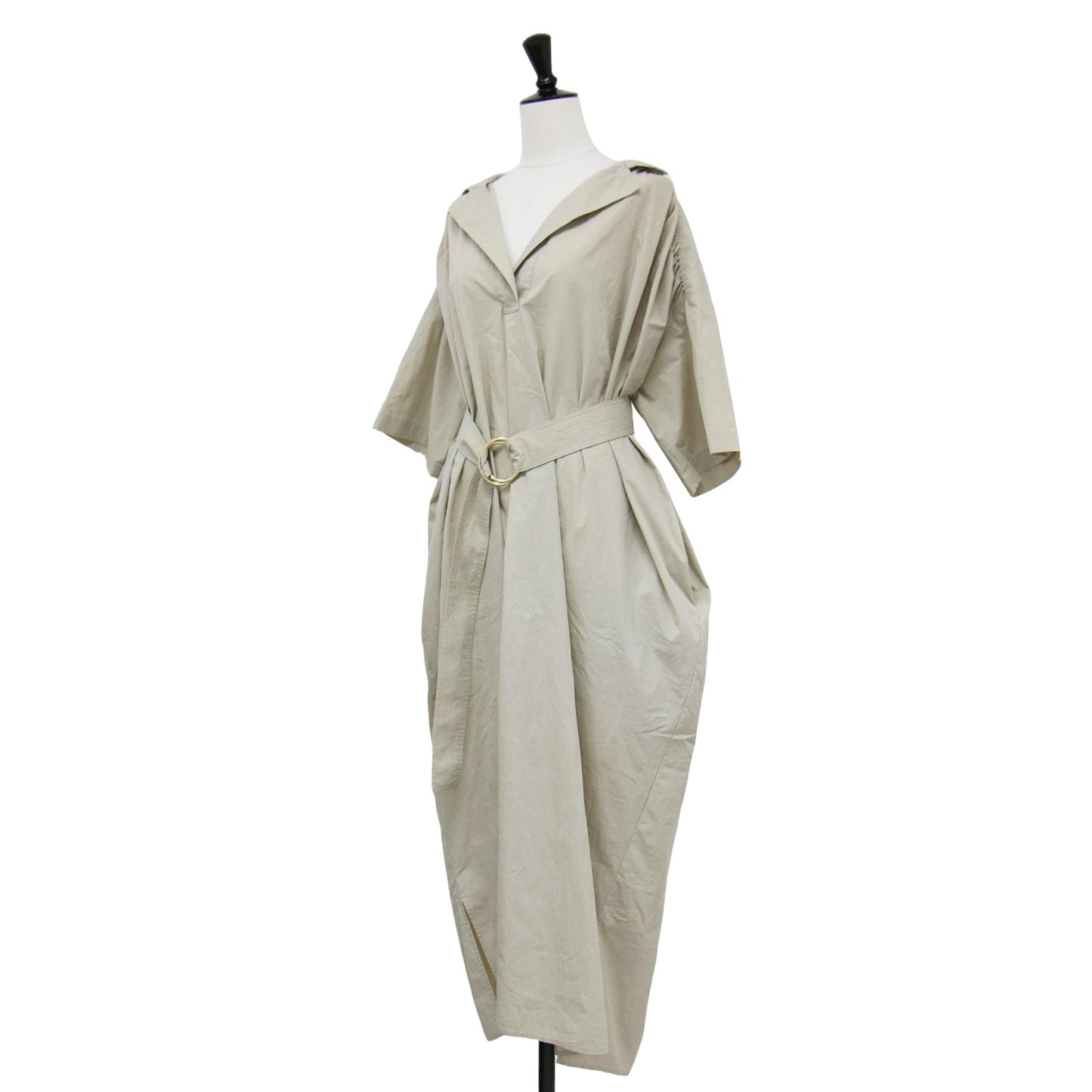 21春夏 ダンプ ロング シャツ ワンピース / 半袖 スキッパー ギャザー ベルト付き コットン