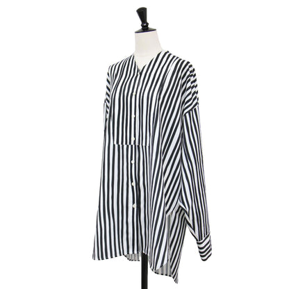 ストライプ プリント シャツ / STRIPE PRINT Vネック 長袖 ラウンドヘム ベンツ 比翼ボタン