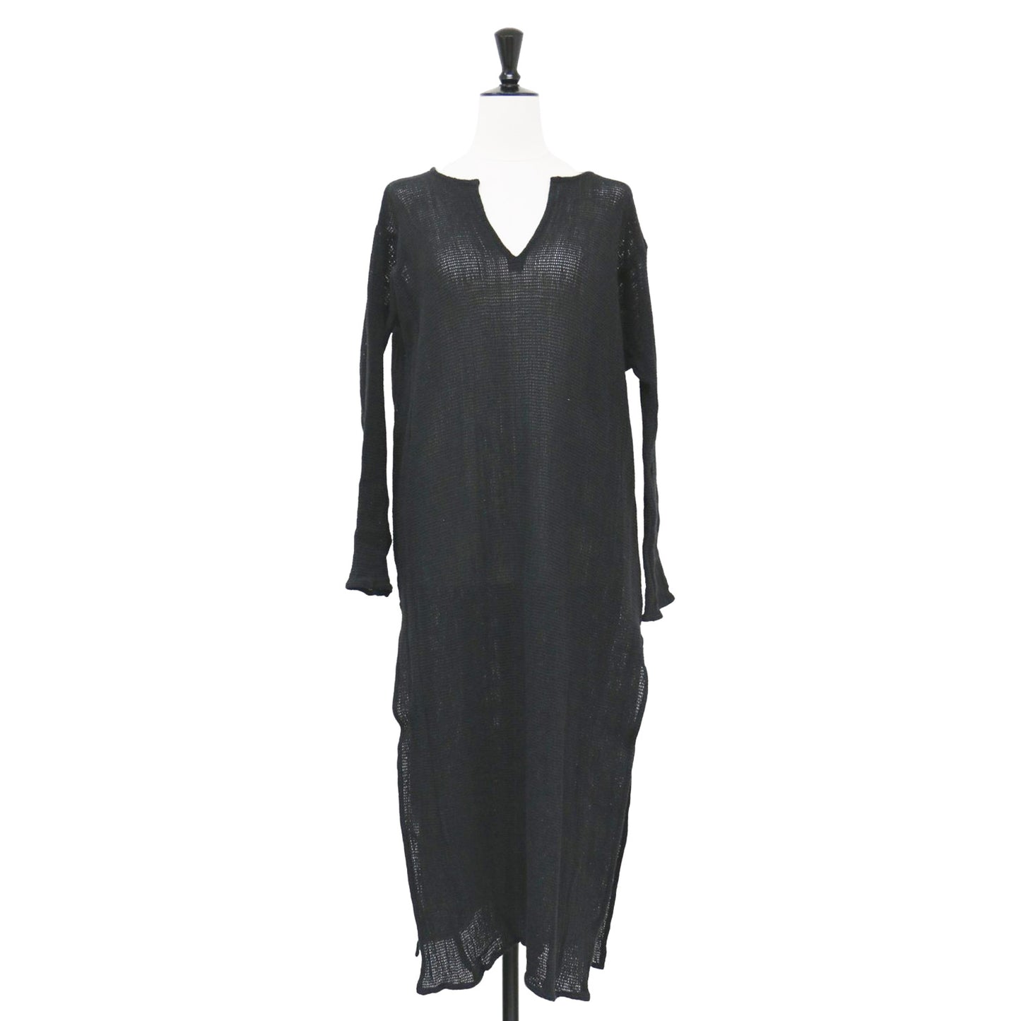 メッシュ スリット ドレス / Mesh Slit Dress ロングワンピース キーネック 長袖 スリット コットン