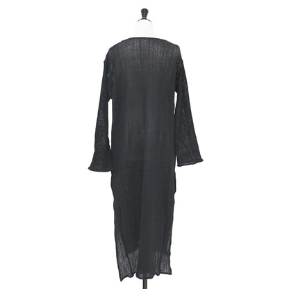 メッシュ スリット ドレス / Mesh Slit Dress ロングワンピース キーネック 長袖 スリット コットン