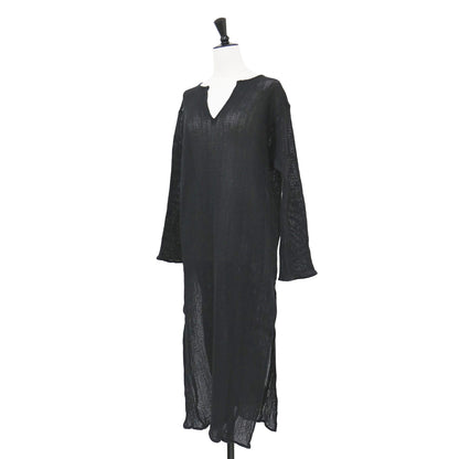 メッシュ スリット ドレス / Mesh Slit Dress ロングワンピース キーネック 長袖 スリット コットン