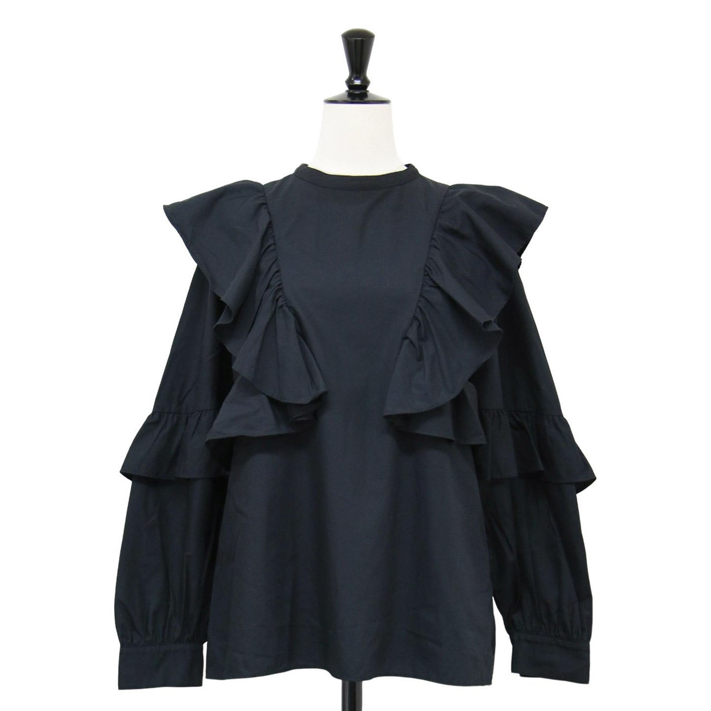 24春夏 コットン ブロード フリル ブラウス / 長袖 シャツ バンドカラー ギャザー