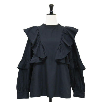 24春夏 コットン ブロード フリル ブラウス / 長袖 シャツ バンドカラー ギャザー