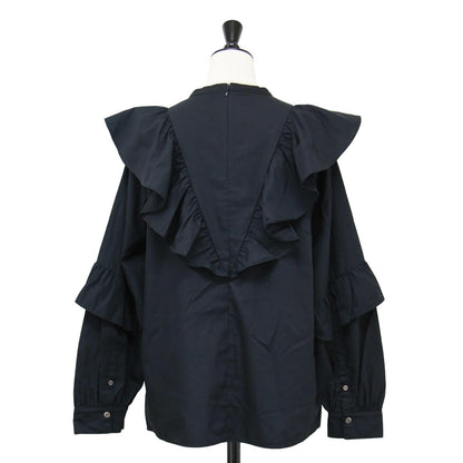 24春夏 コットン ブロード フリル ブラウス / 長袖 シャツ バンドカラー ギャザー