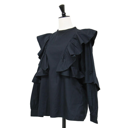 24春夏 コットン ブロード フリル ブラウス / 長袖 シャツ バンドカラー ギャザー