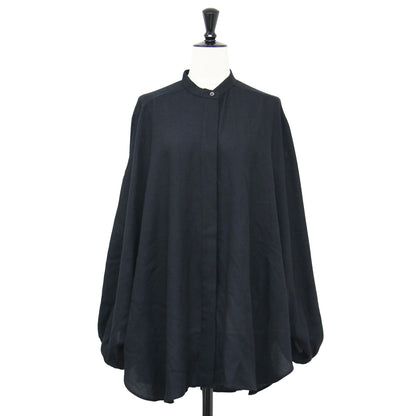 ノーカラー ドルマン シャツ / ブラウス 長袖 ラグラン ギャザー ワイド スリット