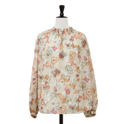 24春夏 ピオニー プリント ギャザーネック ブラウス / スキッパー スタンドカラー ラグランスリーブ 長袖 シアー