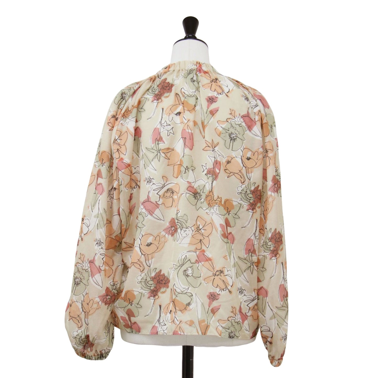 24春夏 ピオニー プリント ギャザーネック ブラウス / スキッパー スタンドカラー ラグランスリーブ 長袖 シアー