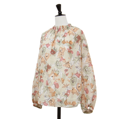 24春夏 ピオニー プリント ギャザーネック ブラウス / スキッパー スタンドカラー ラグランスリーブ 長袖 シアー