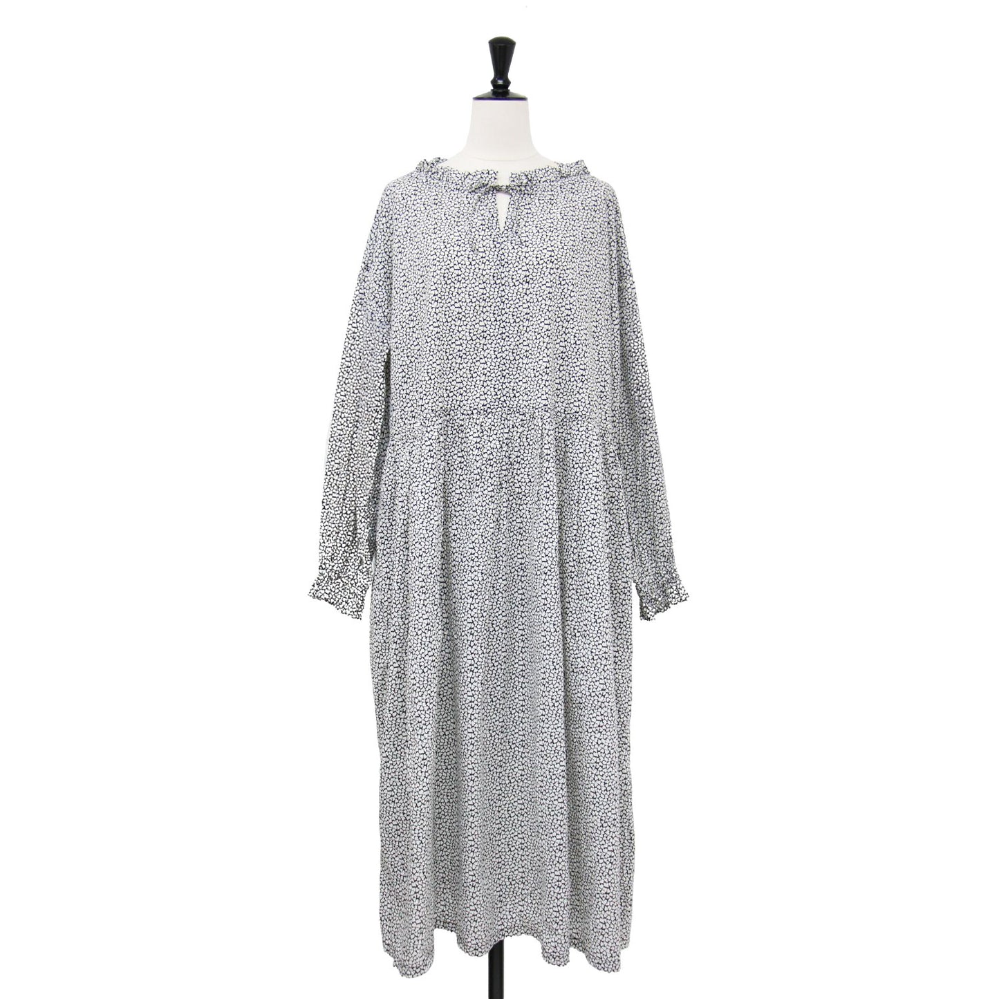 ハート柄 ロングスリーブ フレア ワンピース / 長袖 ロング丈 フリル リボン ワイド コットン