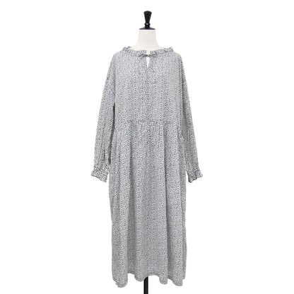 ハート柄 ロングスリーブ フレア ワンピース / 長袖 ロング丈 フリル リボン ワイド コットン