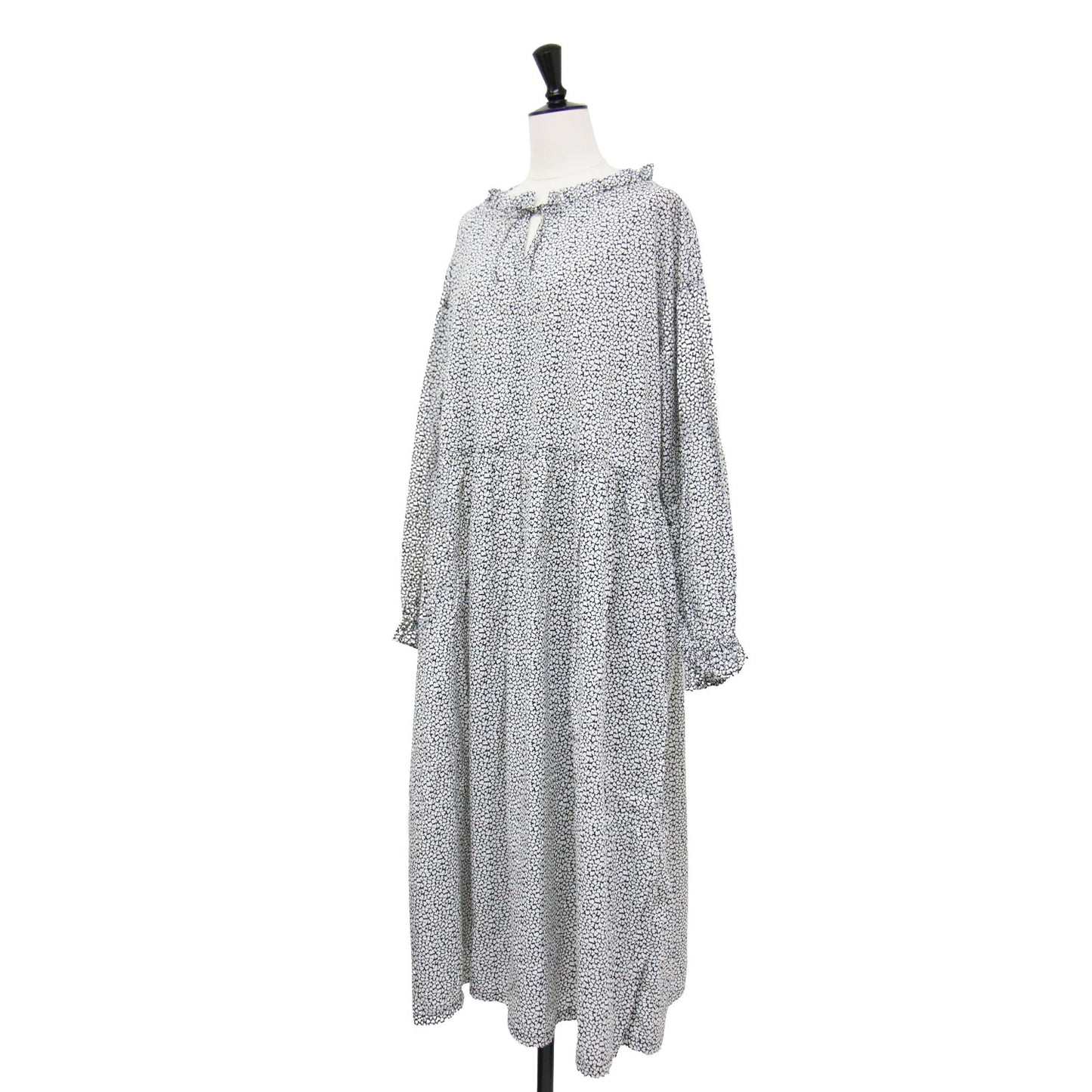 ハート柄 ロングスリーブ フレア ワンピース / 長袖 ロング丈 フリル リボン ワイド コットン