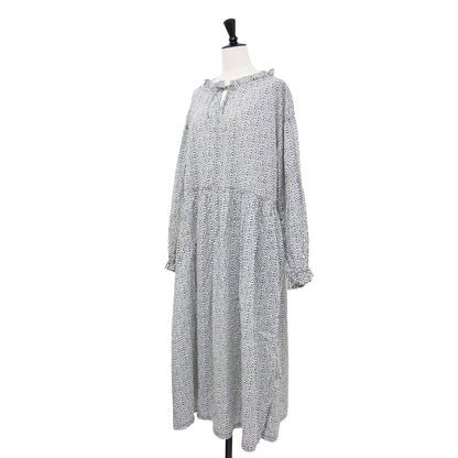 ハート柄 ロングスリーブ フレア ワンピース / 長袖 ロング丈 フリル リボン ワイド コットン