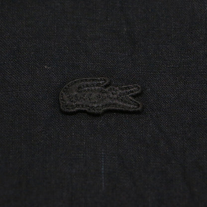 リネン コットン 5分袖 シャツ / ボックスシルエット 半袖 ワニ刺繍 サイドスリット