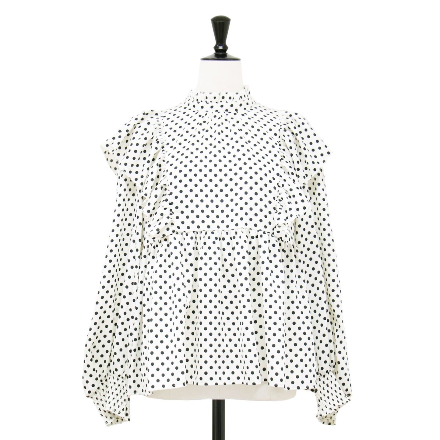 22秋冬 ハンマーサテン ドット フリル ペプラム ブラウス / スタンドカラー 長袖 プリント