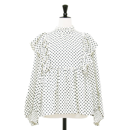 22秋冬 ハンマーサテン ドット フリル ペプラム ブラウス / スタンドカラー 長袖 プリント