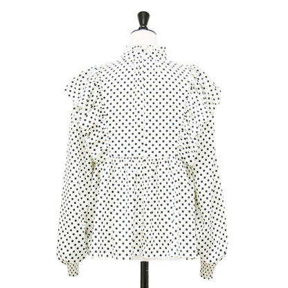 22秋冬 ハンマーサテン ドット フリル ペプラム ブラウス / スタンドカラー 長袖 プリント