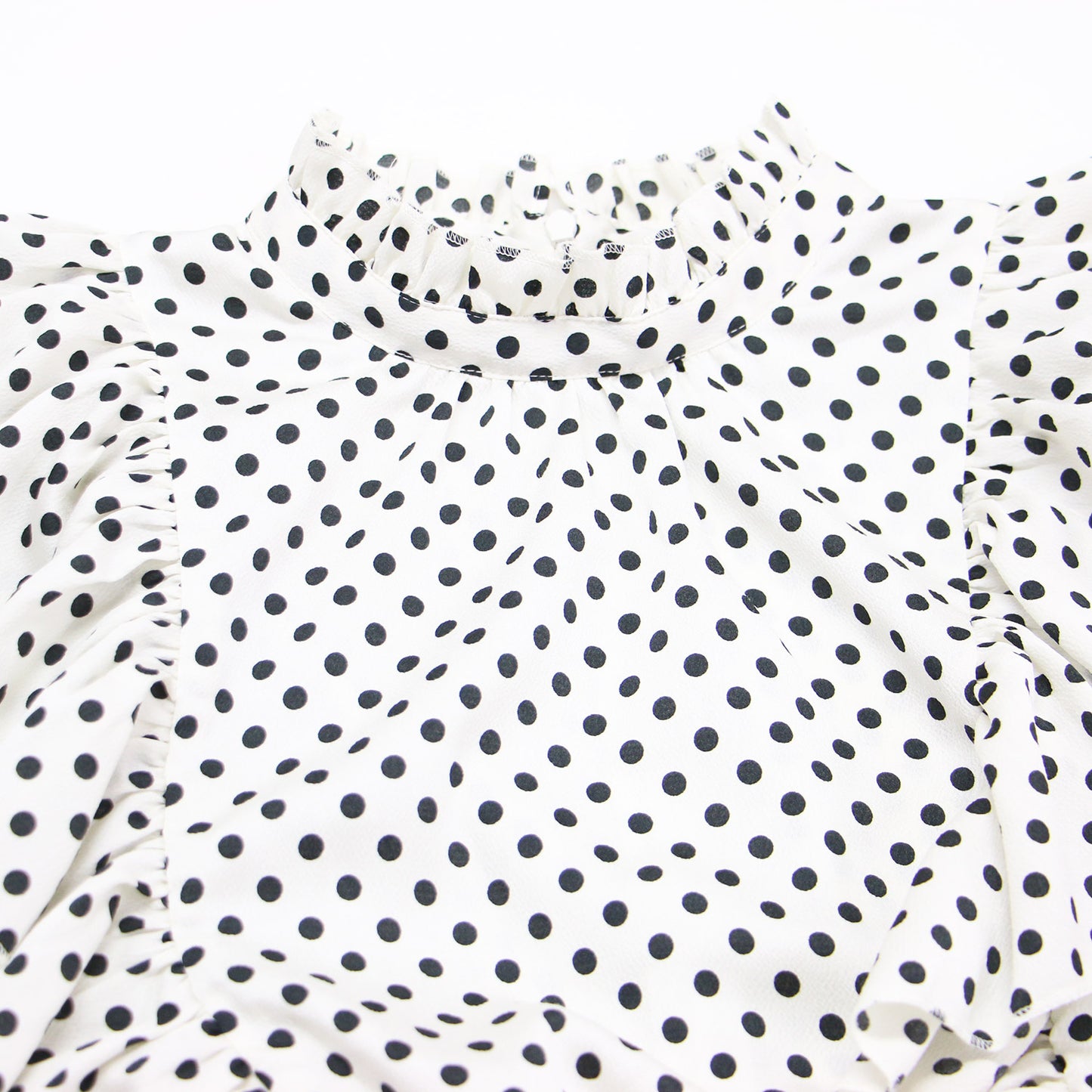 22秋冬 ハンマーサテン ドット フリル ペプラム ブラウス / スタンドカラー 長袖 プリント