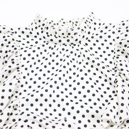 22秋冬 ハンマーサテン ドット フリル ペプラム ブラウス / スタンドカラー 長袖 プリント