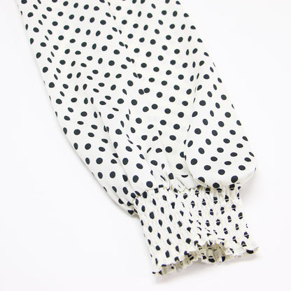 22秋冬 ハンマーサテン ドット フリル ペプラム ブラウス / スタンドカラー 長袖 プリント