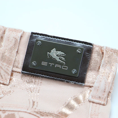 ペイズリー柄 ワイド デニム パンツ / 5ポケット ストレッチ ロゴ コットン