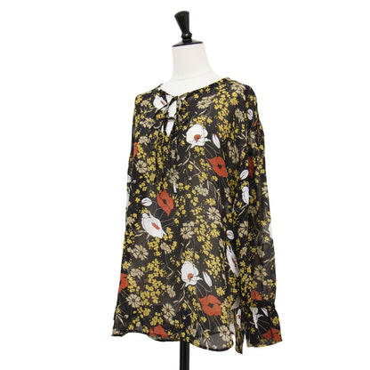 フラワープリント ボウタイ ブラウス / Marigold Print Alrik プルオーバー 長袖 総柄 シアー シルク