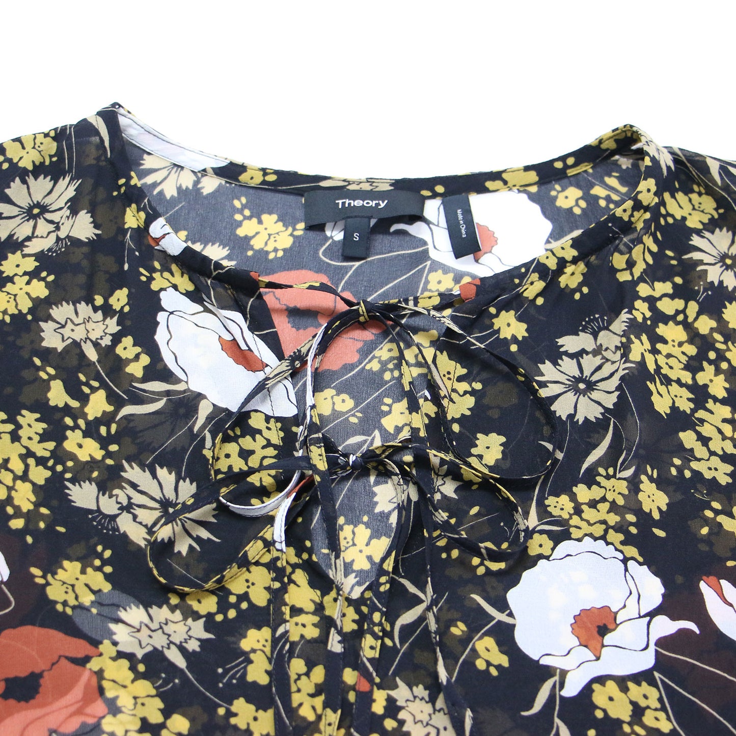 フラワープリント ボウタイ ブラウス / Marigold Print Alrik プルオーバー 長袖 総柄 シアー シルク