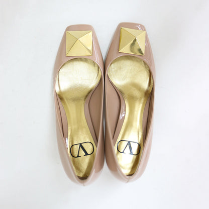 スタッズ クエアトゥ パンプス / チャンキーヒール エナメル パテント レザー