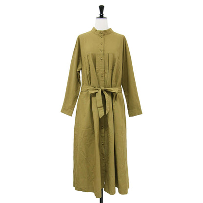 天日干し コットン タック ワンピース / シャツ 長袖 スタンドカラー ドルマンスリーブ ロング丈 Aライン