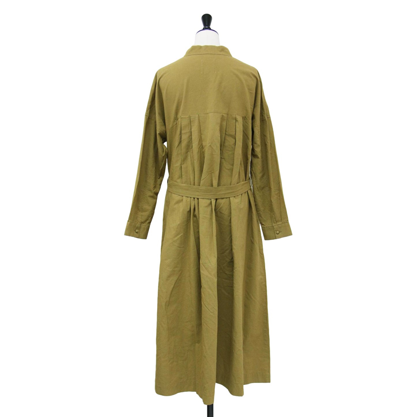 天日干し コットン タック ワンピース / シャツ 長袖 スタンドカラー ドルマンスリーブ ロング丈 Aライン