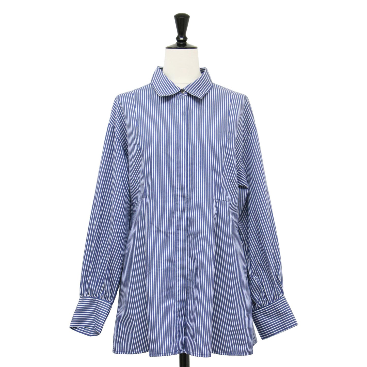 23秋冬 ストライプ フィット フレア シャツ / ブラウス 長袖 ペプラム フレア タック コットン