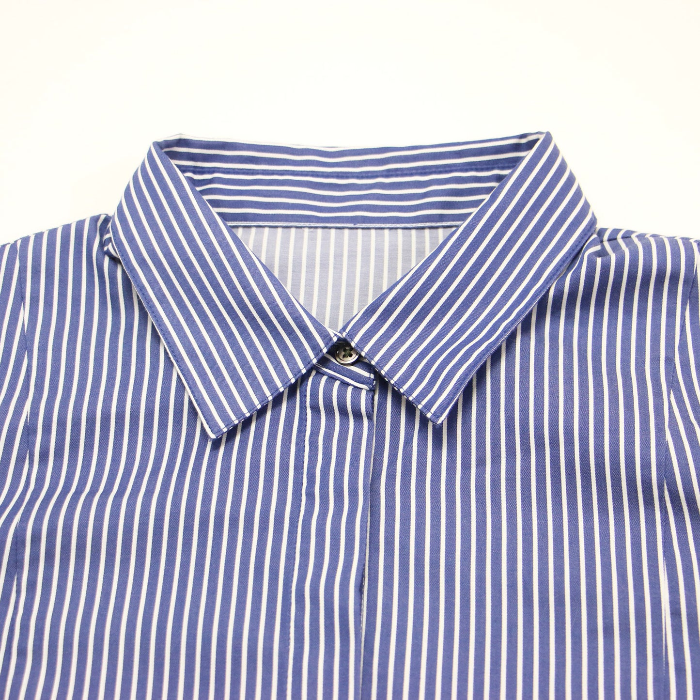 23秋冬 ストライプ フィット フレア シャツ / ブラウス 長袖 ペプラム フレア タック コットン