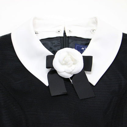 24春夏 コサージュ付き 白襟 メッシュ ドレス / ワンピース 半袖 ミディ丈 タック フレア