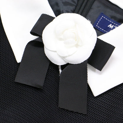 24春夏 コサージュ付き 白襟 メッシュ ドレス / ワンピース 半袖 ミディ丈 タック フレア