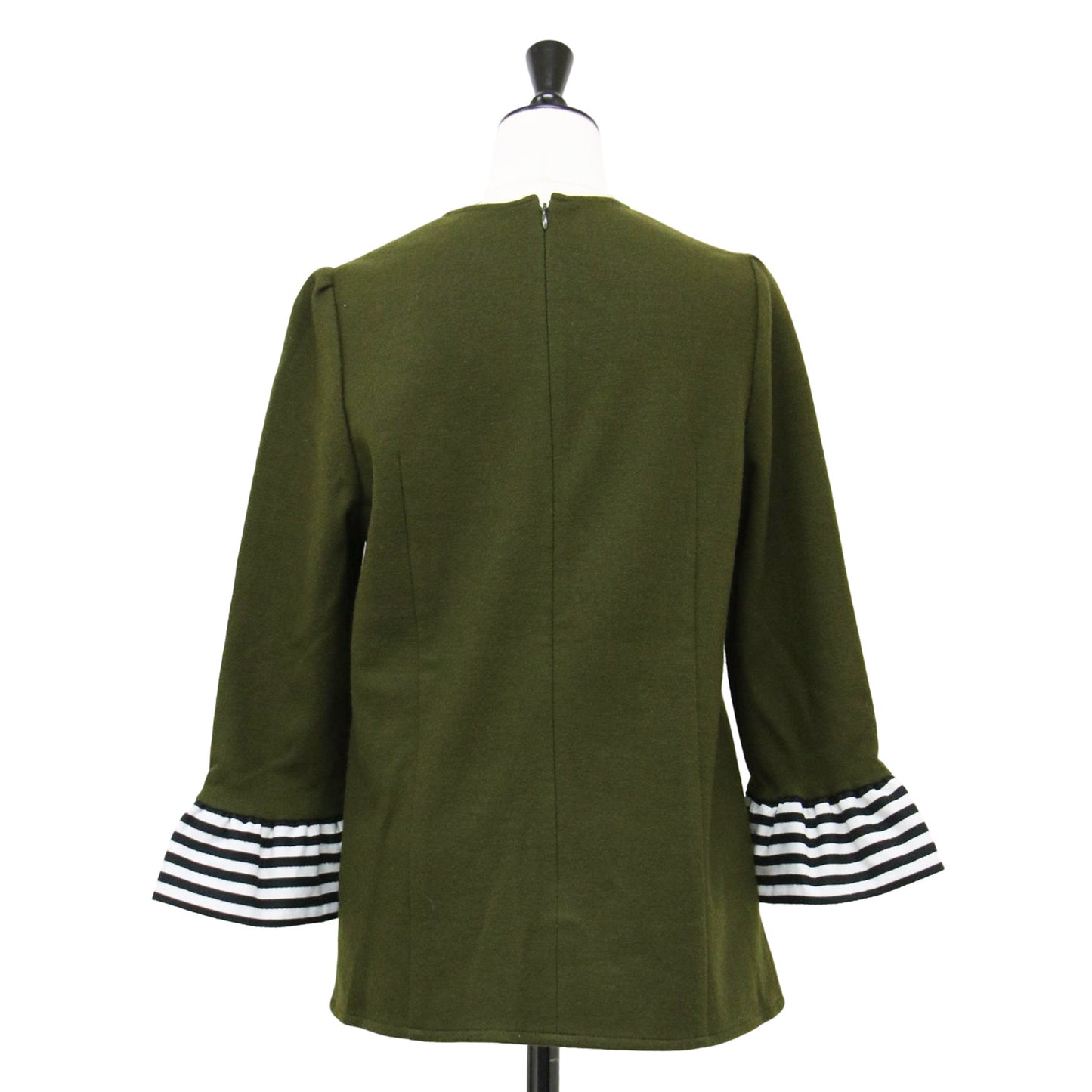 22秋冬 圧縮ウール フリル ボーダー ブラウス / BORDER CUFF WOOL TOP プルオーバー 7分袖 クルーネック コンパクトシルエット