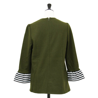 22秋冬 圧縮ウール フリル ボーダー ブラウス / BORDER CUFF WOOL TOP プルオーバー 7分袖 クルーネック コンパクトシルエット