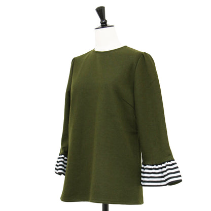 22秋冬 圧縮ウール フリル ボーダー ブラウス / BORDER CUFF WOOL TOP プルオーバー 7分袖 クルーネック コンパクトシルエット