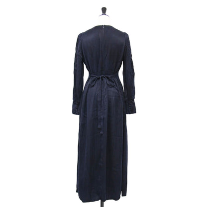 22秋冬 サテン タック ワンピース / ドレス 長袖 Vネック ロング丈 フレア リボン