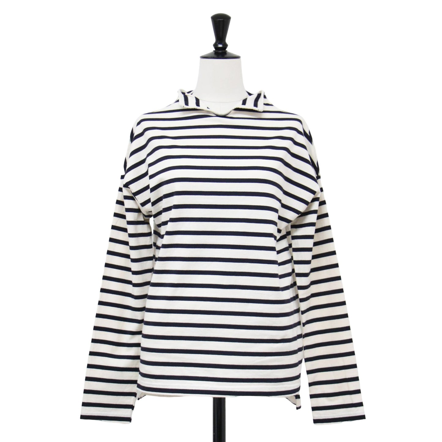 D ポロネック ボーダー カットソー / プルオーバー 長袖 ドロップショルダー コンパクト コットン