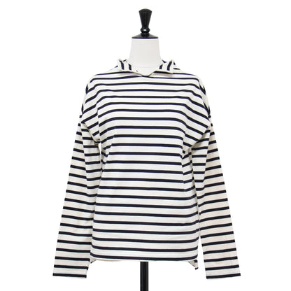 D ポロネック ボーダー カットソー / プルオーバー 長袖 ドロップショルダー コンパクト コットン