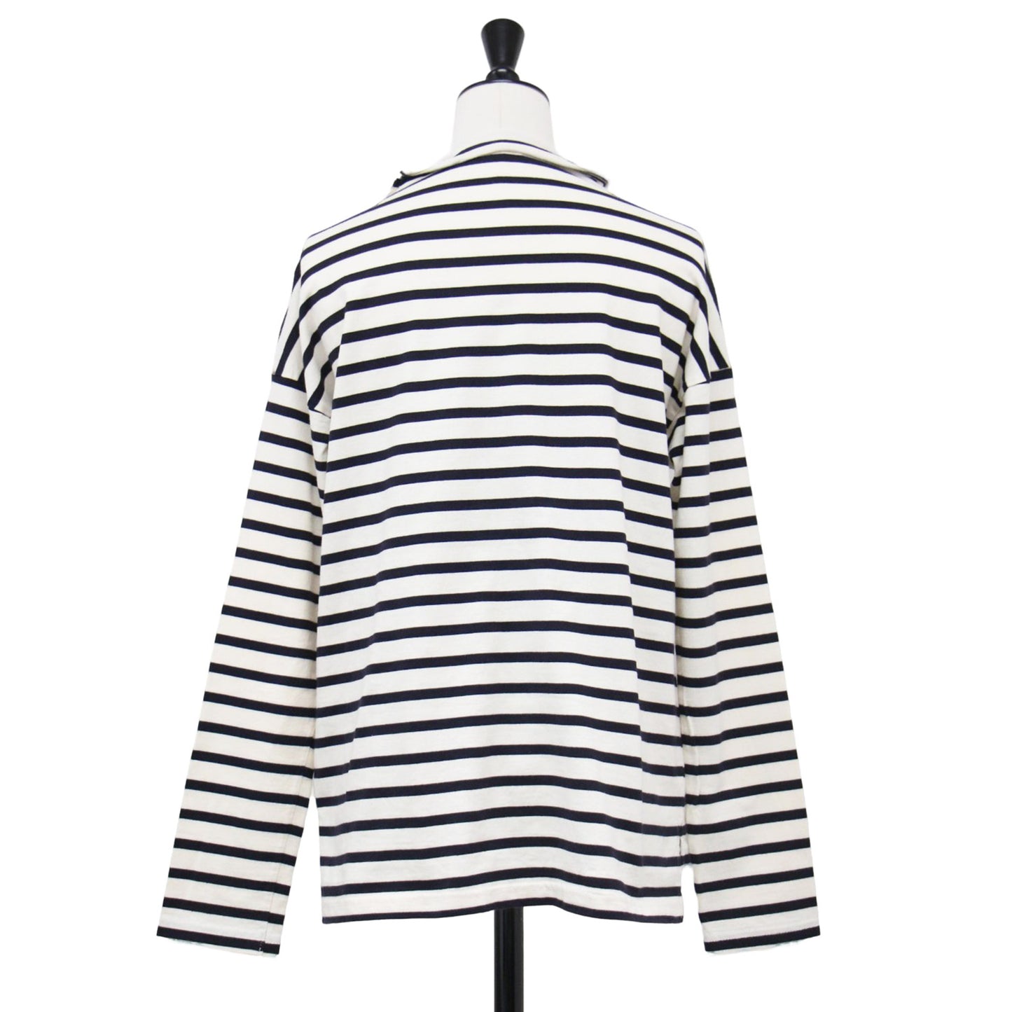 D ポロネック ボーダー カットソー / プルオーバー 長袖 ドロップショルダー コンパクト コットン