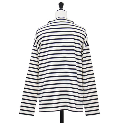 D ポロネック ボーダー カットソー / プルオーバー 長袖 ドロップショルダー コンパクト コットン