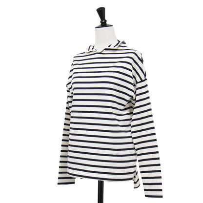 D ポロネック ボーダー カットソー / プルオーバー 長袖 ドロップショルダー コンパクト コットン