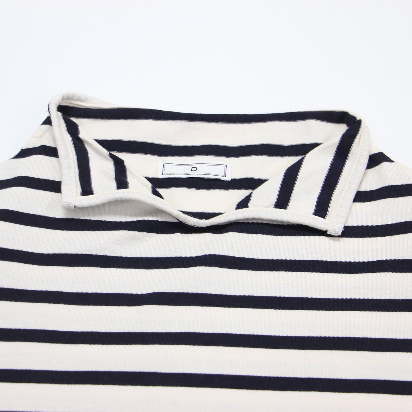 D ポロネック ボーダー カットソー / プルオーバー 長袖 ドロップショルダー コンパクト コットン