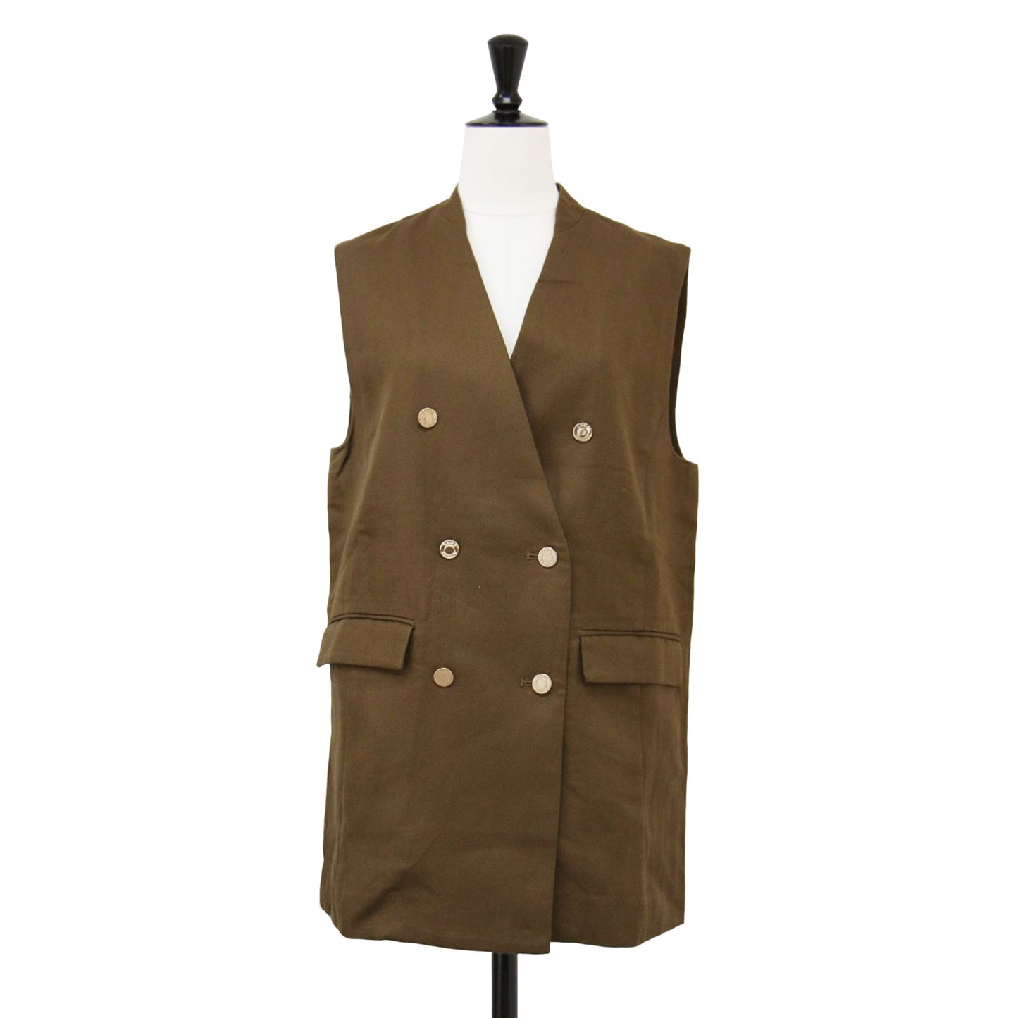 24春夏 ヘリンボーン ベスト / ジレ Vネック 金釦 コットン リネン