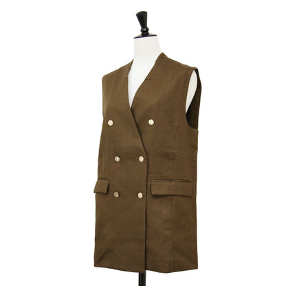 24春夏 ヘリンボーン ベスト / ジレ Vネック 金釦 コットン リネン