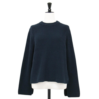 23春夏 5G スリットスリーブ ニット / プルオーバー 長袖 クルーネック クロップド丈 畦編み コットン